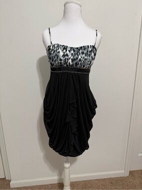 Black Draped Party Dress with Animal-Print Bust
